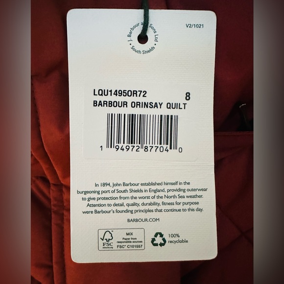 NWTs Barbour Orinsay Quilted Long Jacket. Maple. Sz. 4 US (8 UK) - Picture 10 of 14